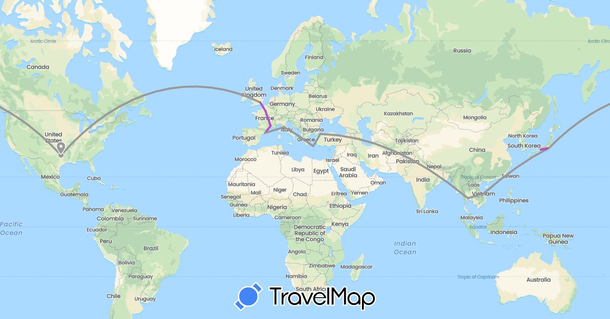 TravelMap itinerary: driving, plane, train in Spain, France, United Kingdom, Greece, Italy, Japan, Thailand, Turkey, United States, Vietnam (Asia, Europe, North America)